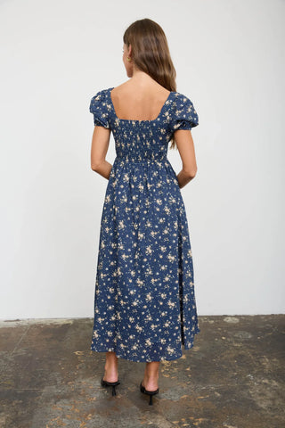 NAVY FLORAL PUFF SLEEVE FRONT TIE CORSET MIDI DRESS