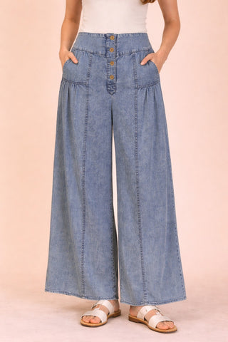Indigo Mineral Washed Chambray Wide Pants
