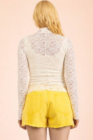 SC Ivory High Neck Fitted Sheer Mesh Lace Knit Top