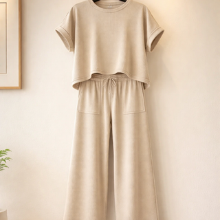 Sand Beige Ribbed Short Sleeve Tee & Pants Set Final Sale