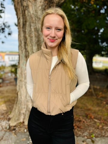 MOCHA COLLARED ZIP UP CROPPED PUFFER VEST