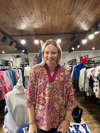 Ecru Mix Paisley Print Embroidered Boho Blouse