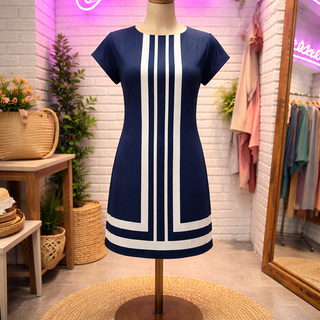 Navy Linen Round Neck Dress with Cap Sleeves