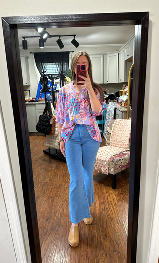 OCEAN BLUE ACID WASHED HIGH WAIST FRAYED HEM BOOTCUT PANTS