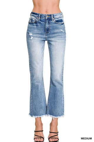 Medium Wash High Rise Straight Raw Hem Cropped Denim Jeans