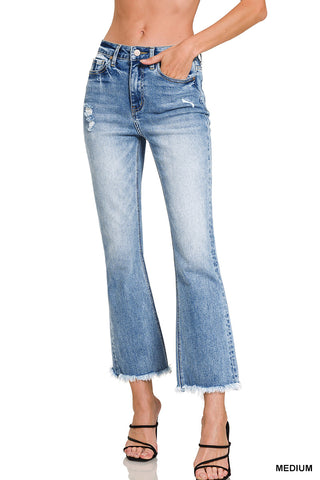 Medium Wash High Rise Straight Raw Hem Cropped Denim Jeans