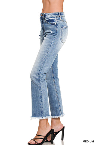 Medium Wash High Rise Straight Raw Hem Cropped Denim Jeans
