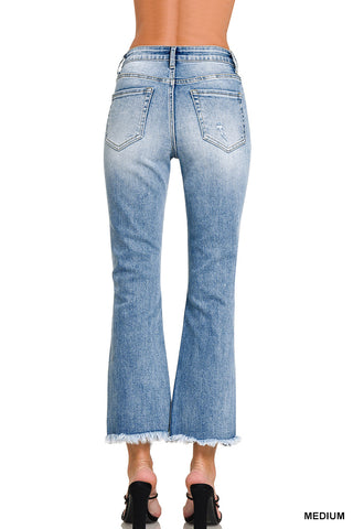 Medium Wash High Rise Straight Raw Hem Cropped Denim Jeans