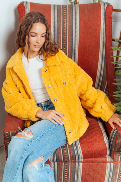 Yellow Cable Pattern Soft Fleece Fur Shacket Jacket Final Sale