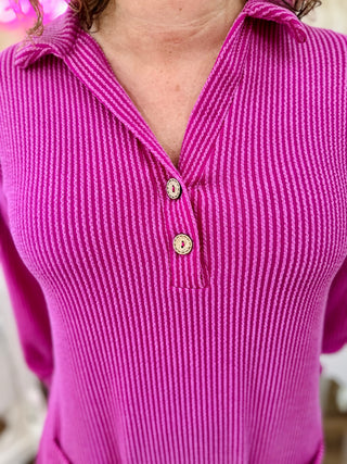 Magenta Long Sleeve Ribbed Collared Jumpsuit