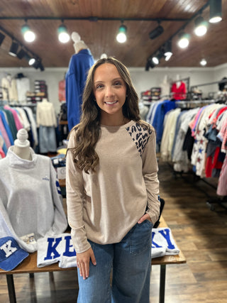 Beige Round Neck Long Sleeve Top w/ Leopard Detail