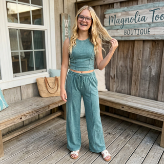 SC Dk Teal Mineral Washed Sleeveless Top & Wide Leg Pants Set