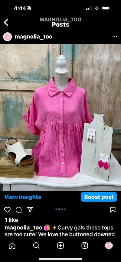Curvy Pink Cosmos Button Down Baby Doll Top w/ Dolman Sleeves