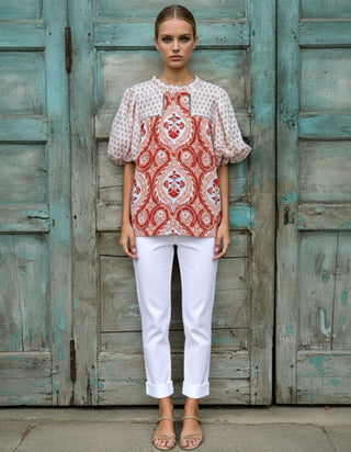 Boho Print Mix Top w/ Ruffled Neck and Cutout Detail Final Sale