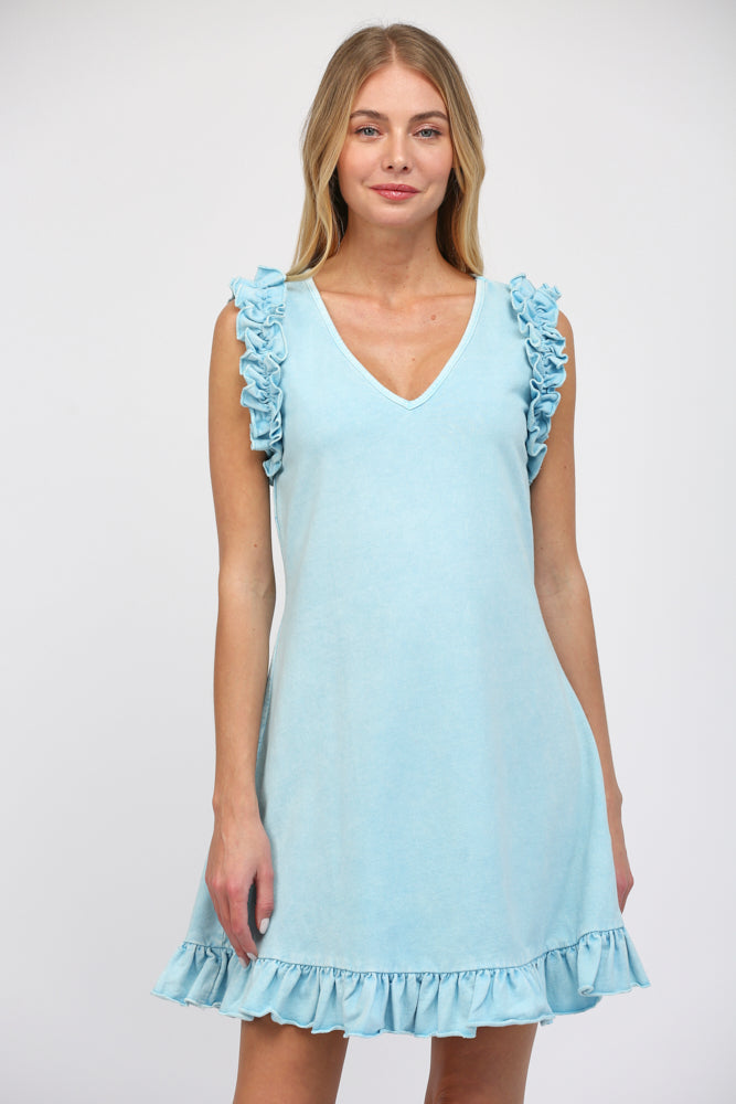 WHISPY BLUE V-NECK RUFFLE DETAILED FRENCH TERRY CASUAL MINI DRESS by FATE