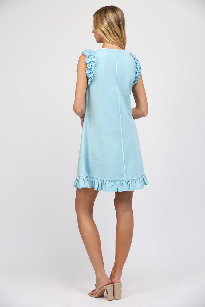 WHISPY BLUE V-NECK RUFFLE DETAILED FRENCH TERRY CASUAL MINI DRESS by FATE