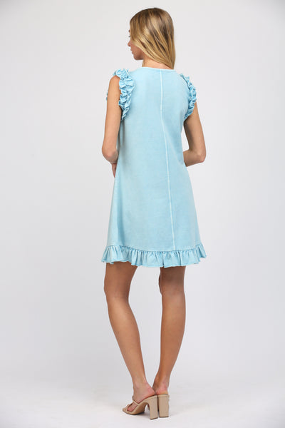 WHISPY BLUE V-NECK RUFFLE DETAILED FRENCH TERRY CASUAL MINI DRESS by FATE