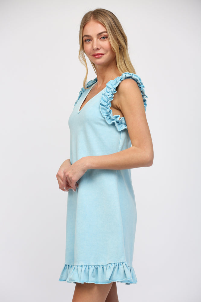 WHISPY BLUE V-NECK RUFFLE DETAILED FRENCH TERRY CASUAL MINI DRESS by FATE