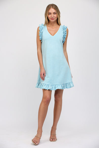 WHISPY BLUE V-NECK RUFFLE DETAILED FRENCH TERRY CASUAL MINI DRESS by FATE