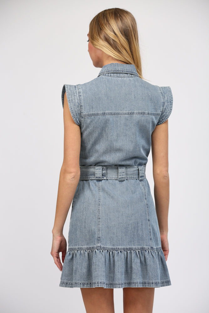 SLEEVELESS BUTTON FRONT WASHED DENIM DRESS W/ POCKETS by Fate