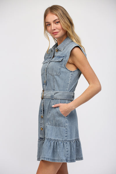 SLEEVELESS BUTTON FRONT WASHED DENIM DRESS W/ POCKETS by Fate