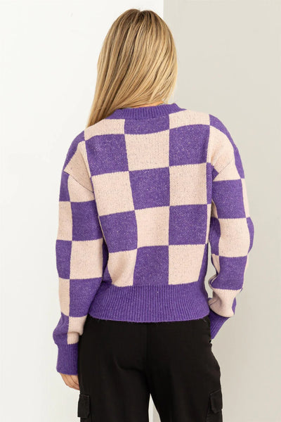 PURPLE/PINK WEEKEND CHILLS CHECKERED LONG SLEEVE SWEATER FINAL SALE