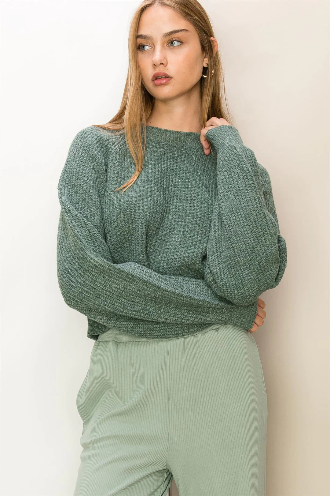 GRAY GREEN AUTUMN LOVE RIBBED CREW NECK SWEATER Final Sale