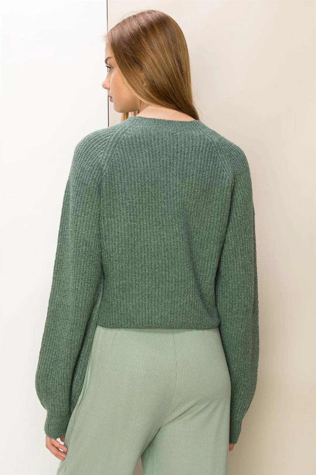 GRAY GREEN AUTUMN LOVE RIBBED CREW NECK SWEATER Final Sale