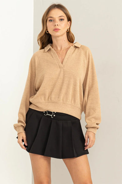 TAUPE SIMPLY THE BEST HALF PLACKET KNIT TOP Final Sale