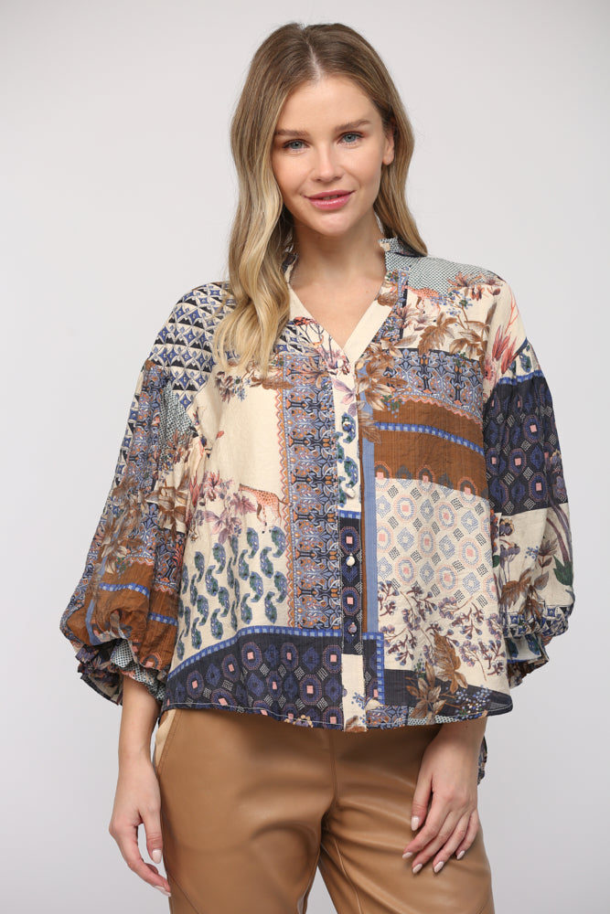CREAM/ NAVY PATCHWORK PRINT BUBBLE SLEEVE BLOUSE TOP by Fate