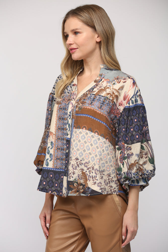 CREAM/ NAVY PATCHWORK PRINT BUBBLE SLEEVE BLOUSE TOP by Fate