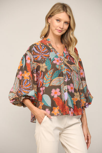 BROWN MULTI PUFF SLEEVE AND RUFFLED V-NECK FLORAL PRINT BLOUSE