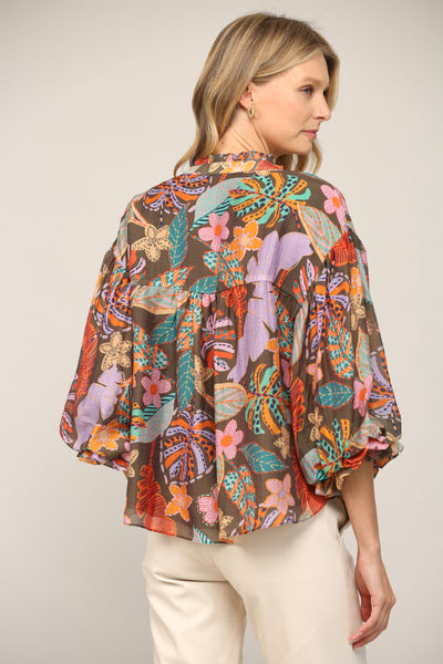 BROWN MULTI PUFF SLEEVE AND RUFFLED V-NECK FLORAL PRINT BLOUSE