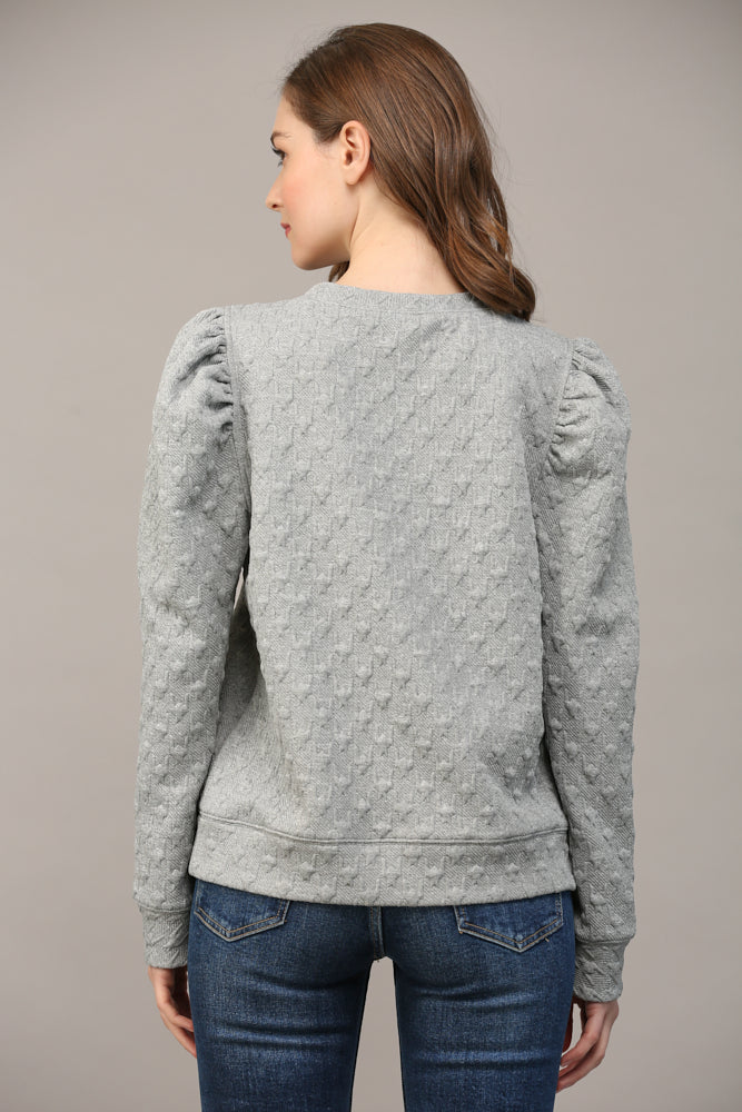 HEATHER GREY HOUNDSTOOTH PATTERN PUFF SLEEVE SWEATSHIRT by FATE