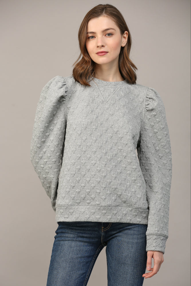 HEATHER GREY HOUNDSTOOTH PATTERN PUFF SLEEVE SWEATSHIRT by FATE