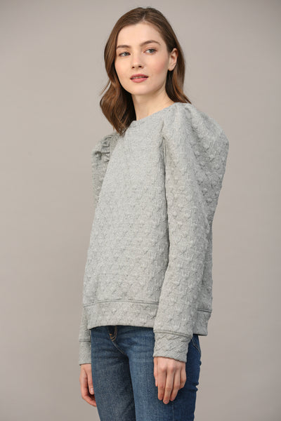 HEATHER GREY HOUNDSTOOTH PATTERN PUFF SLEEVE SWEATSHIRT by FATE