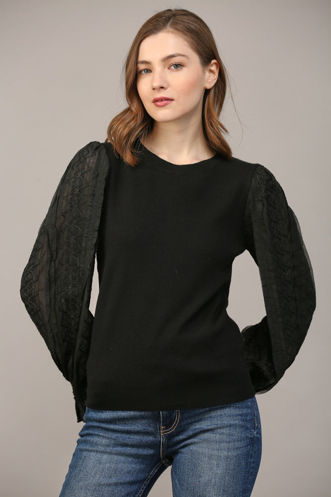 BLACK CONTRAST WOVEN SLEEVE CREW NECK SWEATER by FATE