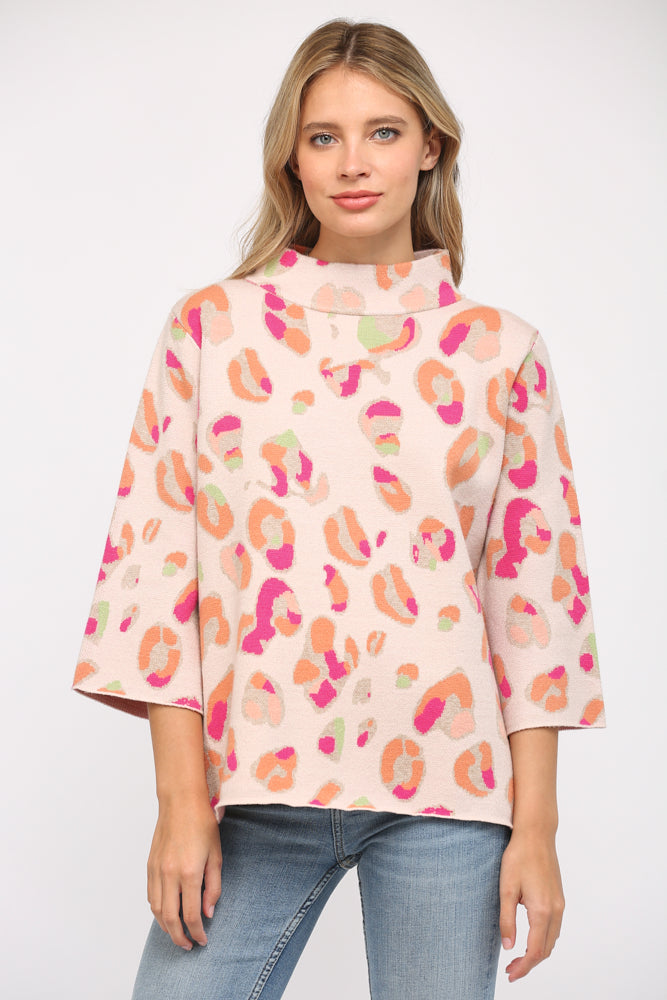 BLUSH MULTI ANIMAL PATTERN MOCK NECK BELL SLV SWEATER by FATE