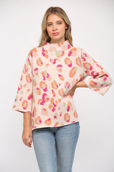 BLUSH MULTI ANIMAL PATTERN MOCK NECK BELL SLV SWEATER by FATE