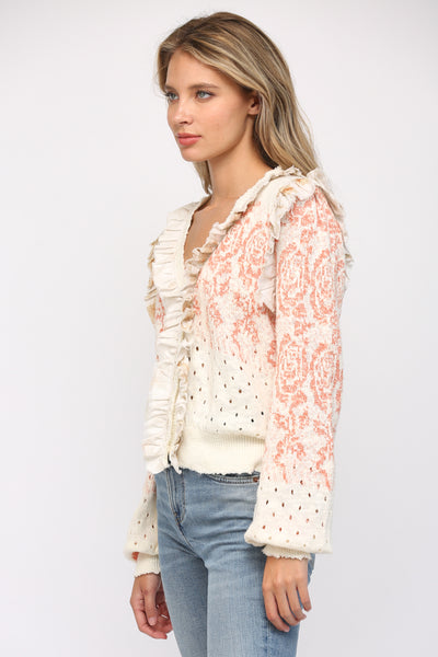 RUFFLE TRIMMED FRONT BUTTON CLOSURE CARDIGAN