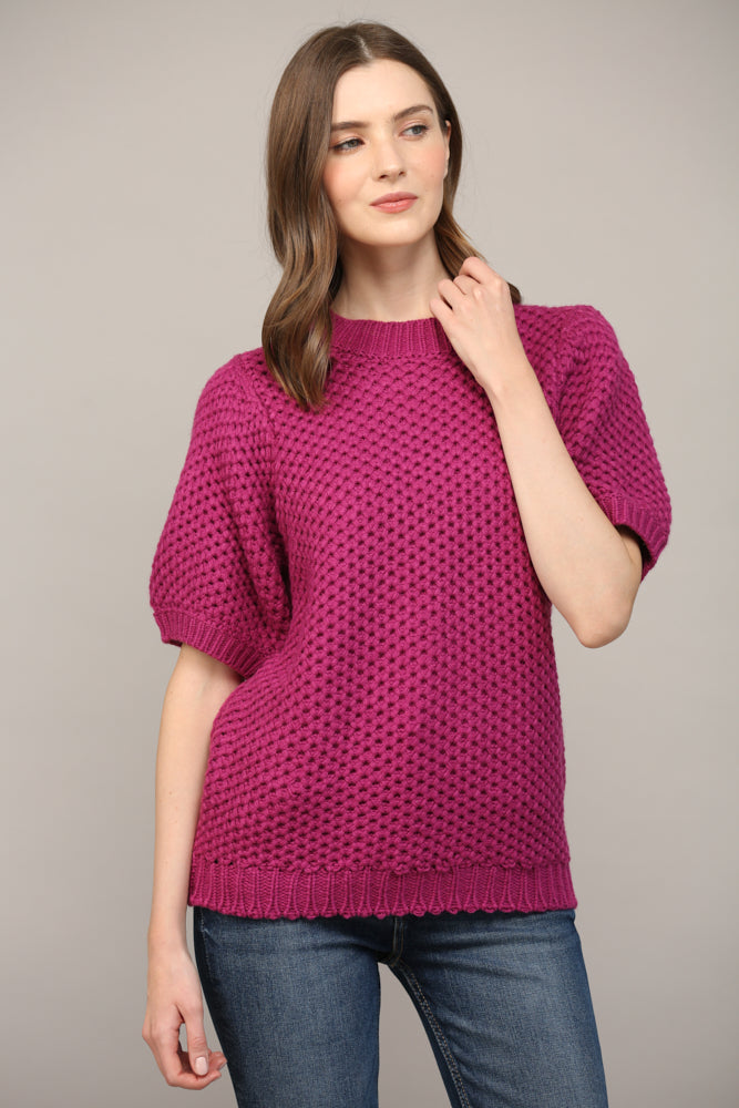 BERRY OPEN KNIT SHORT BALLON SLV SWEATER by FATE