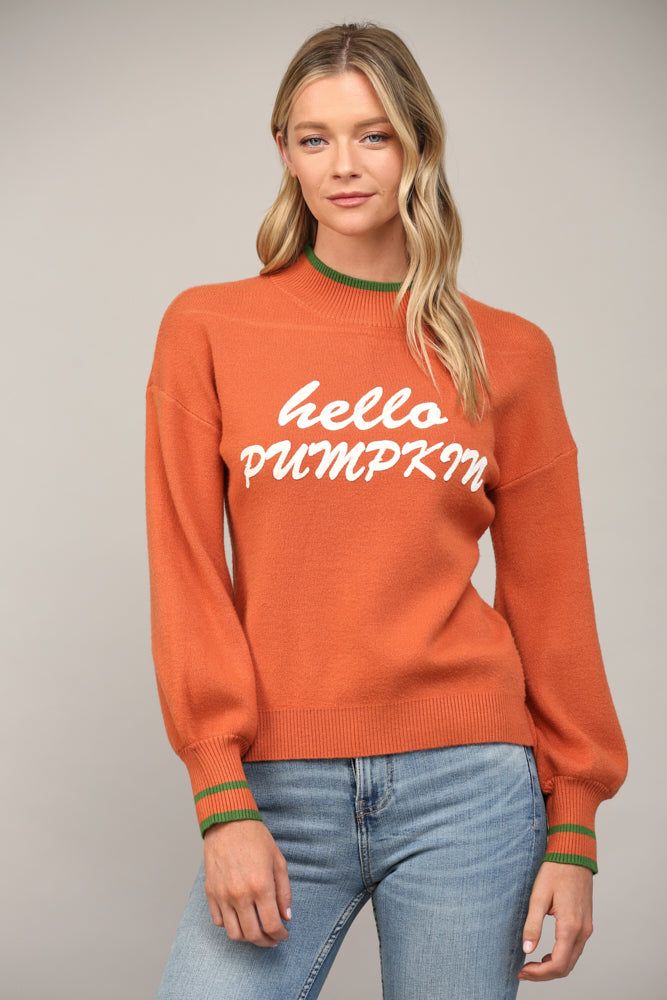 HELLO PUMPKIN MOCK NECK BALLON SLEEVE SWEATER by FATE