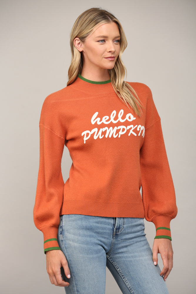 HELLO PUMPKIN MOCK NECK BALLON SLEEVE SWEATER by FATE