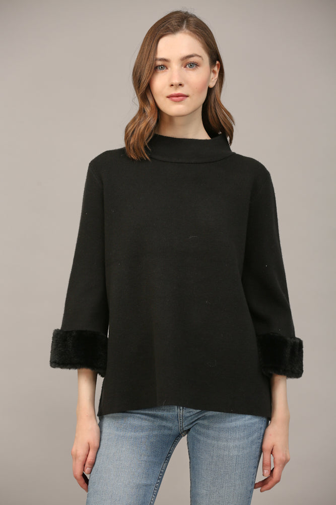 FUR SLEEVE DETAIL MOCK NECK SWEATER b FATE