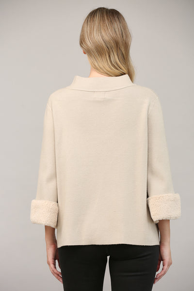 TAUPE FUR SLEEVE DETAIL MOCK NECK SWEATER by FATE