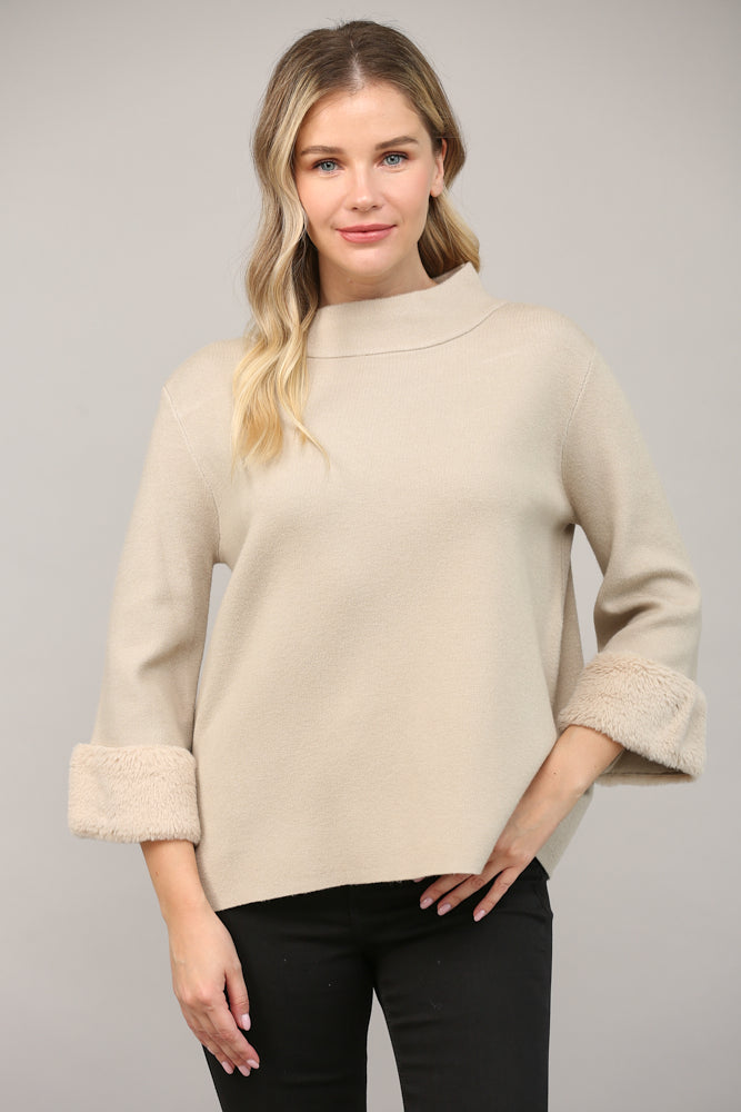 TAUPE FUR SLEEVE DETAIL MOCK NECK SWEATER by FATE