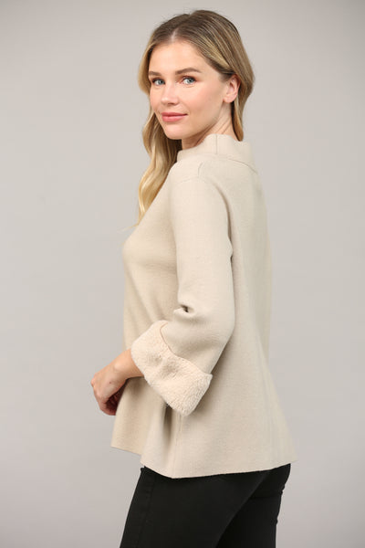 TAUPE FUR SLEEVE DETAIL MOCK NECK SWEATER by FATE