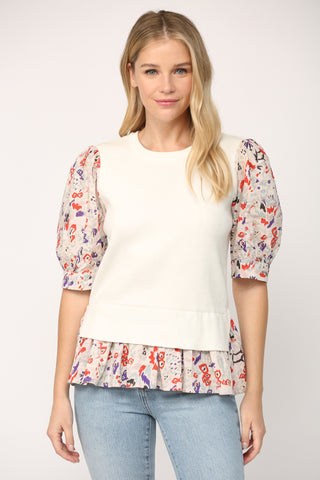 CREAM/PINK MULTI CONTRAST WOVEN SLEEVE AND HEM CREW NECK SWEATER Final Sale