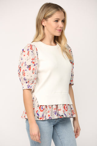 CREAM/PINK MULTI CONTRAST WOVEN SLEEVE AND HEM CREW NECK SWEATER Final Sale
