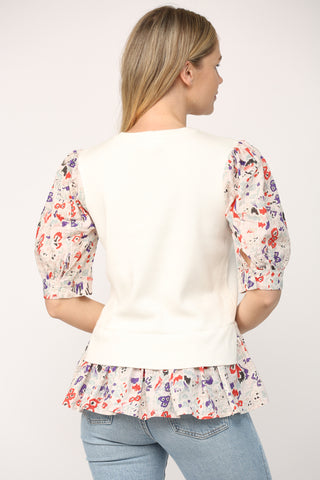 CREAM/PINK MULTI CONTRAST WOVEN SLEEVE AND HEM CREW NECK SWEATER Final Sale